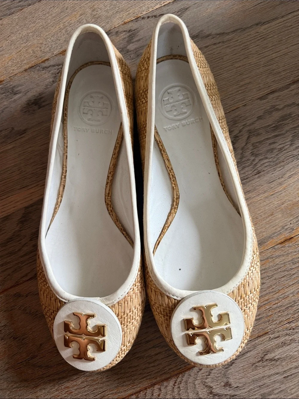 Tory Burch Natural Raffia Ballet Flats with Cream Trim & Gold Logo Medallions